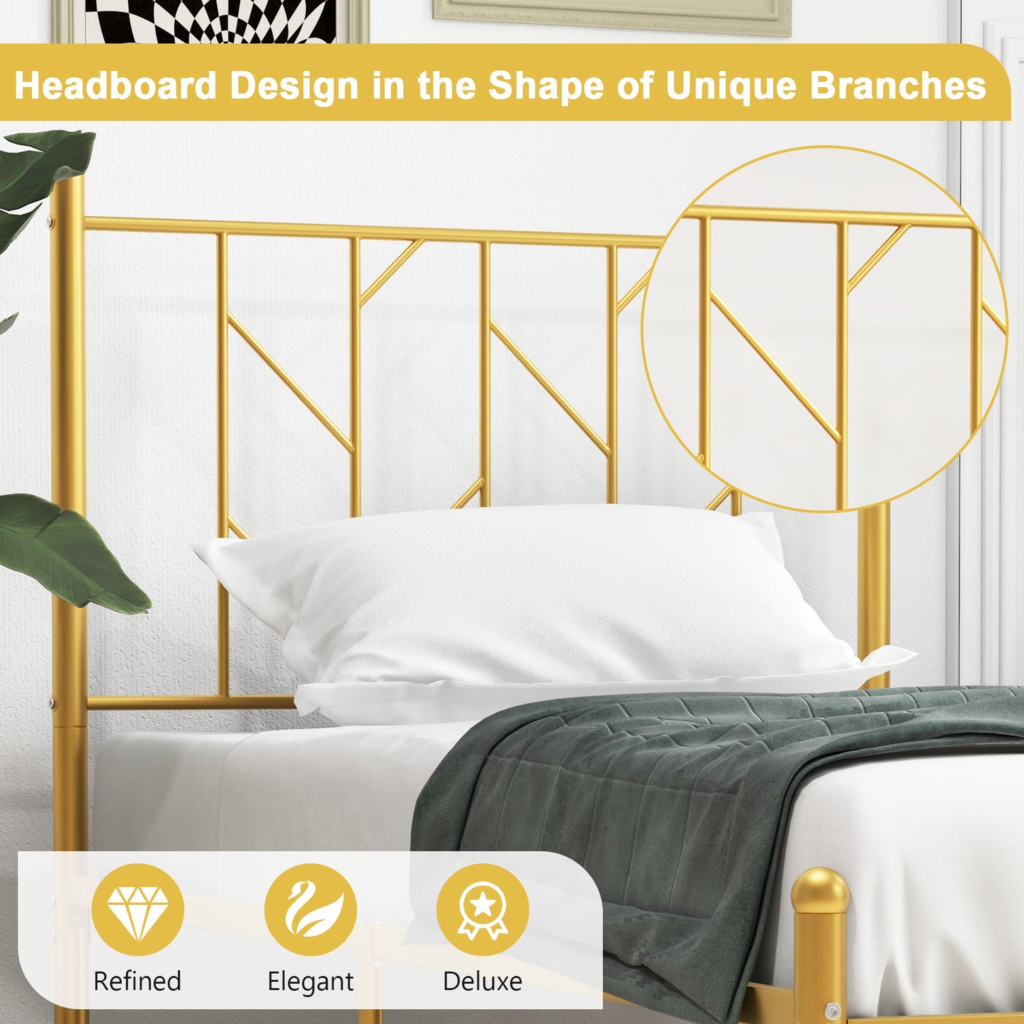 Twin/Full Size Metal Platform Bed Frame with Vintage Headboard-Twin Size