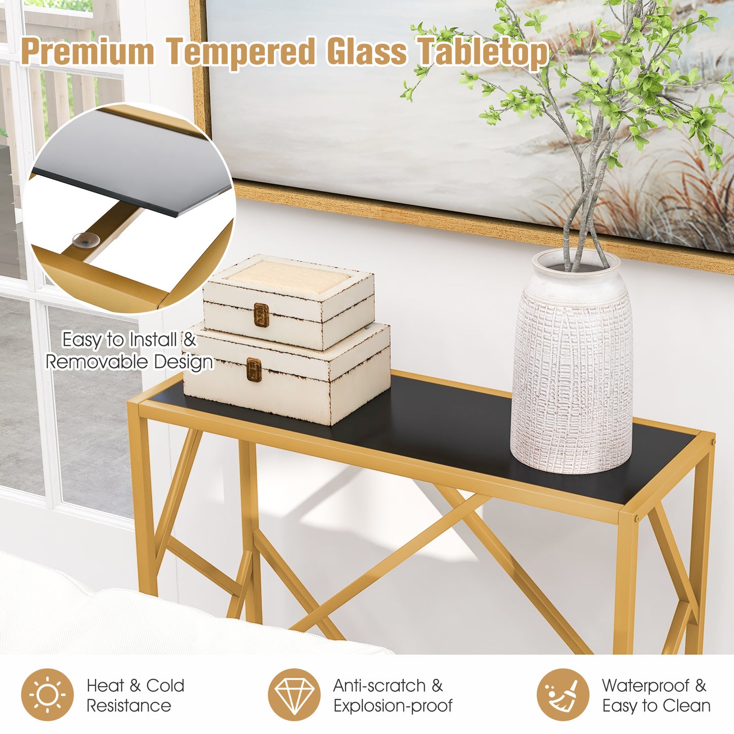 31.5 Inch Golden Heavy-duty Metal Frame Entryway Table with Foot Pads-Black