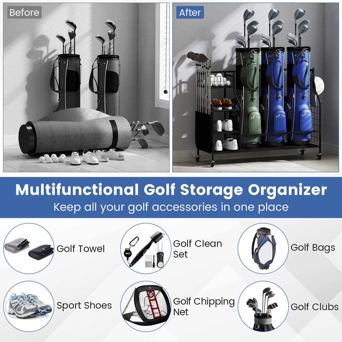 Golf Bag Organizer 3 Golf Bag Stand with Lockable Wheels and Hooks-Black