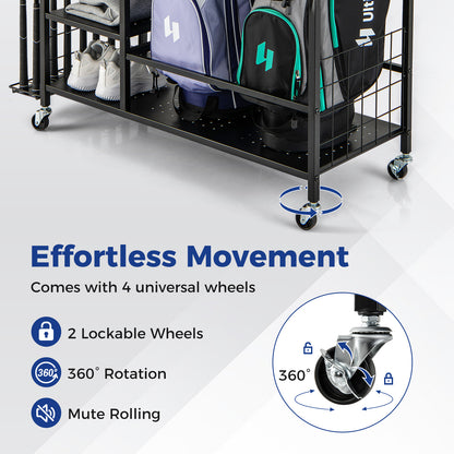 Golf Bag Organizer for 2 Golf Bags with Golf Clubs Rack and Lockable Wheels-Black