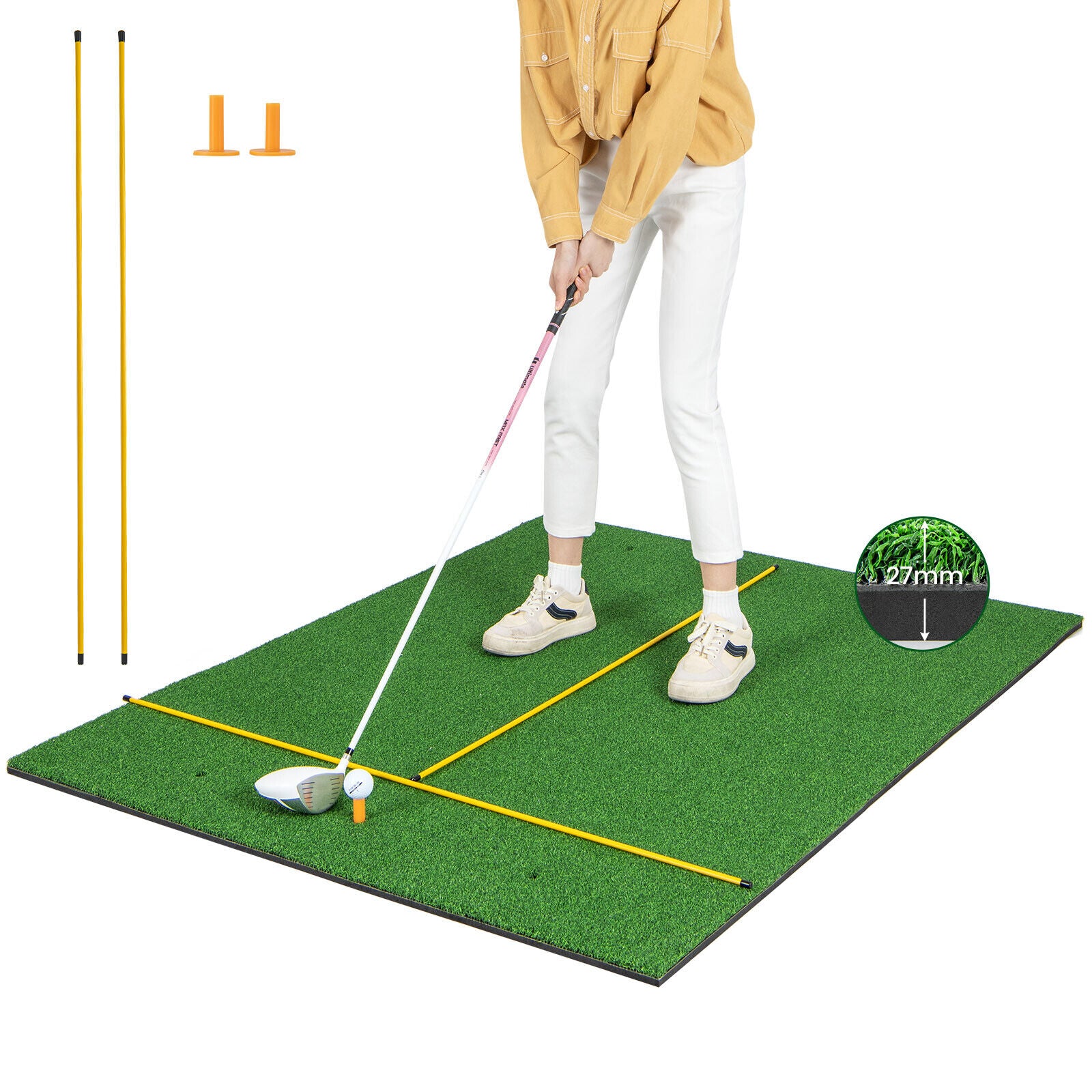 Artificial Turf Mat for Indoor and Outdoor Golf Practice Includes 2 Rubber Tees and 2 Alignment Sticks-20mm - 27Mm