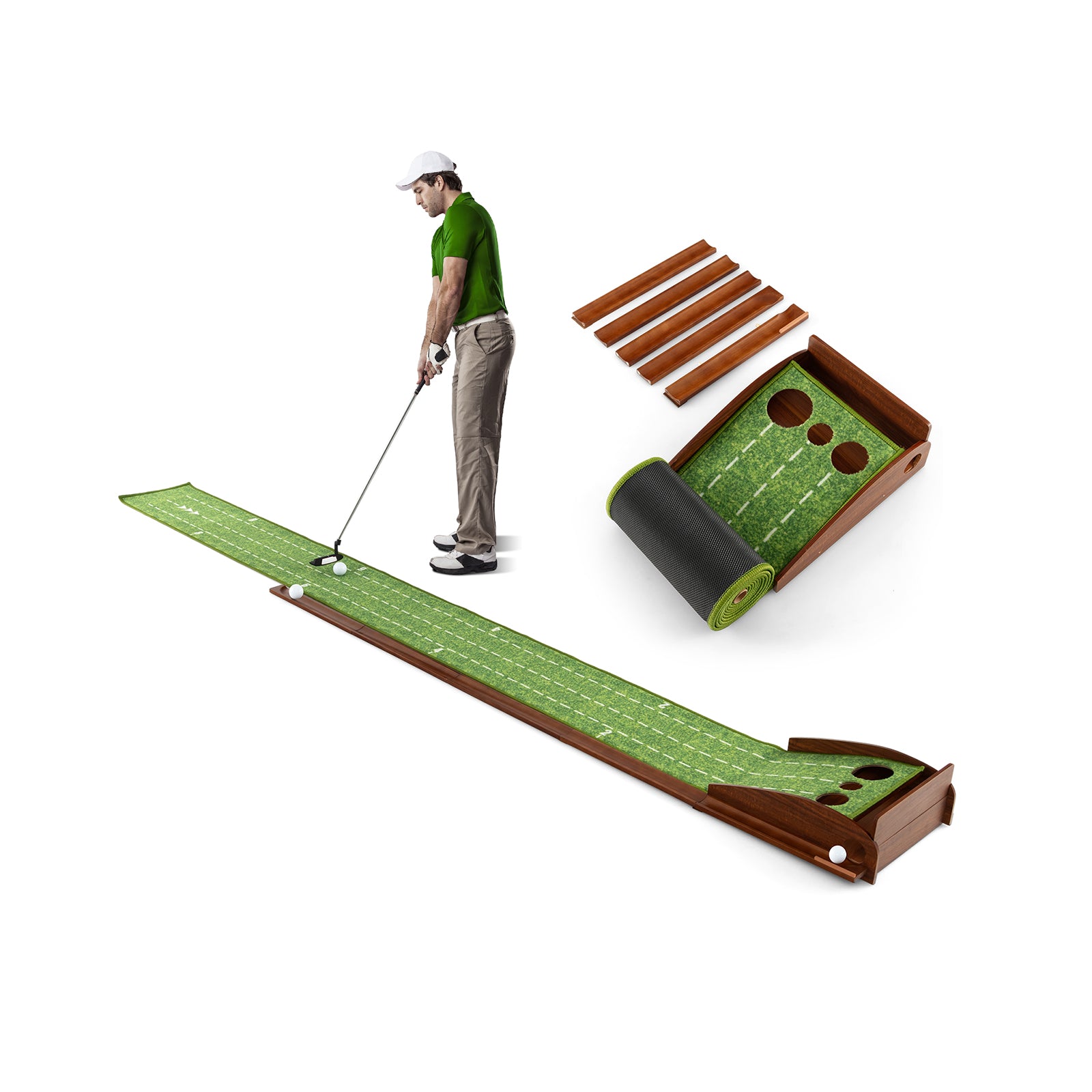Golf Putting Mat Practice Training Aid with Auto Ball Return and 3 Hole Sizes - Default