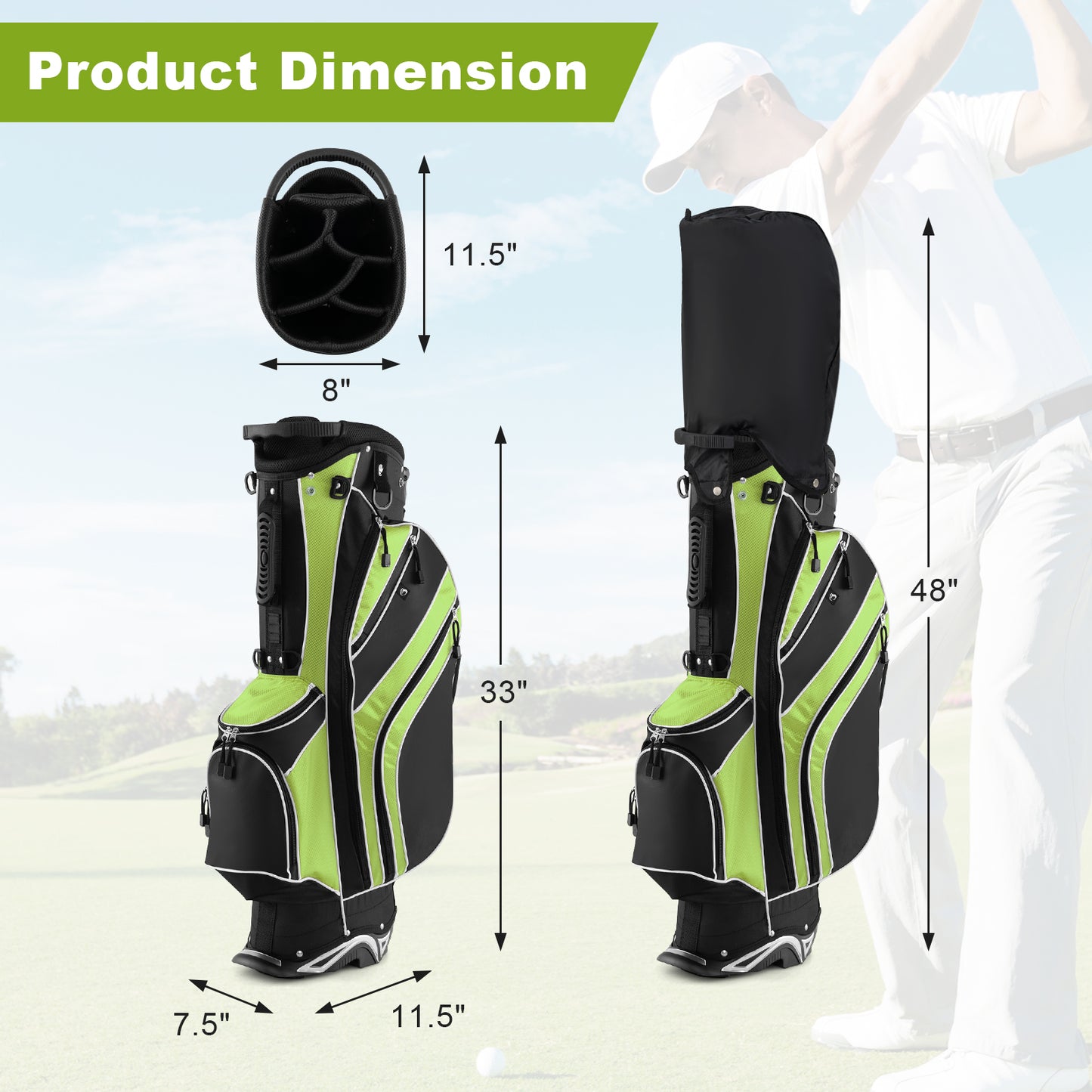 Golf Stand Cart Bag with 6-Way Divider Carry Pockets-Black - Green
