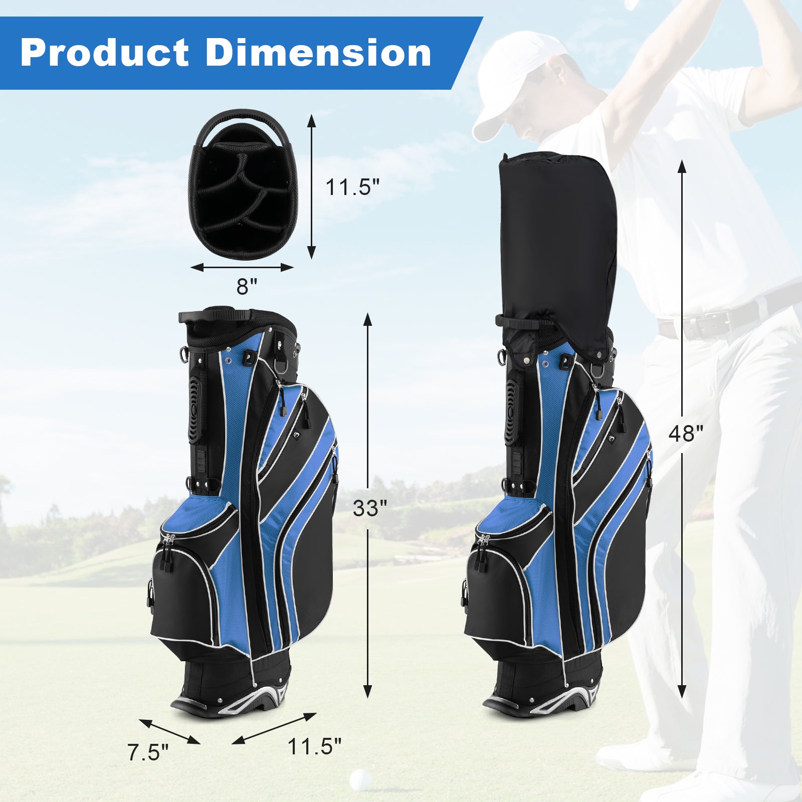 Golf Stand Cart Bag with 6-Way Divider Carry Pockets-Black - Blue