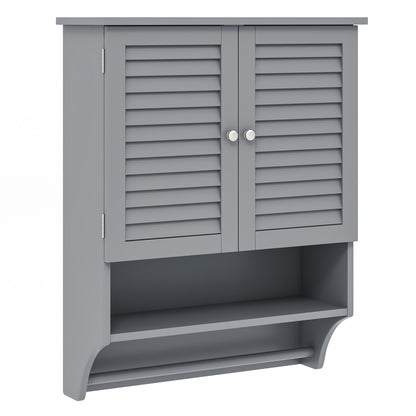 2-Doors Bathroom Wall-Mounted Medicine Cabinet with Towel Bar-Brown - Gray