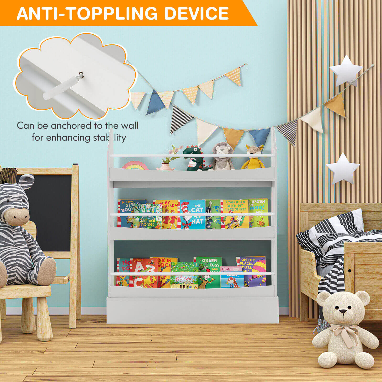 3-Tier Bookshelf with 2 Anti-Tipping Kits for Books and Magazines-Gray