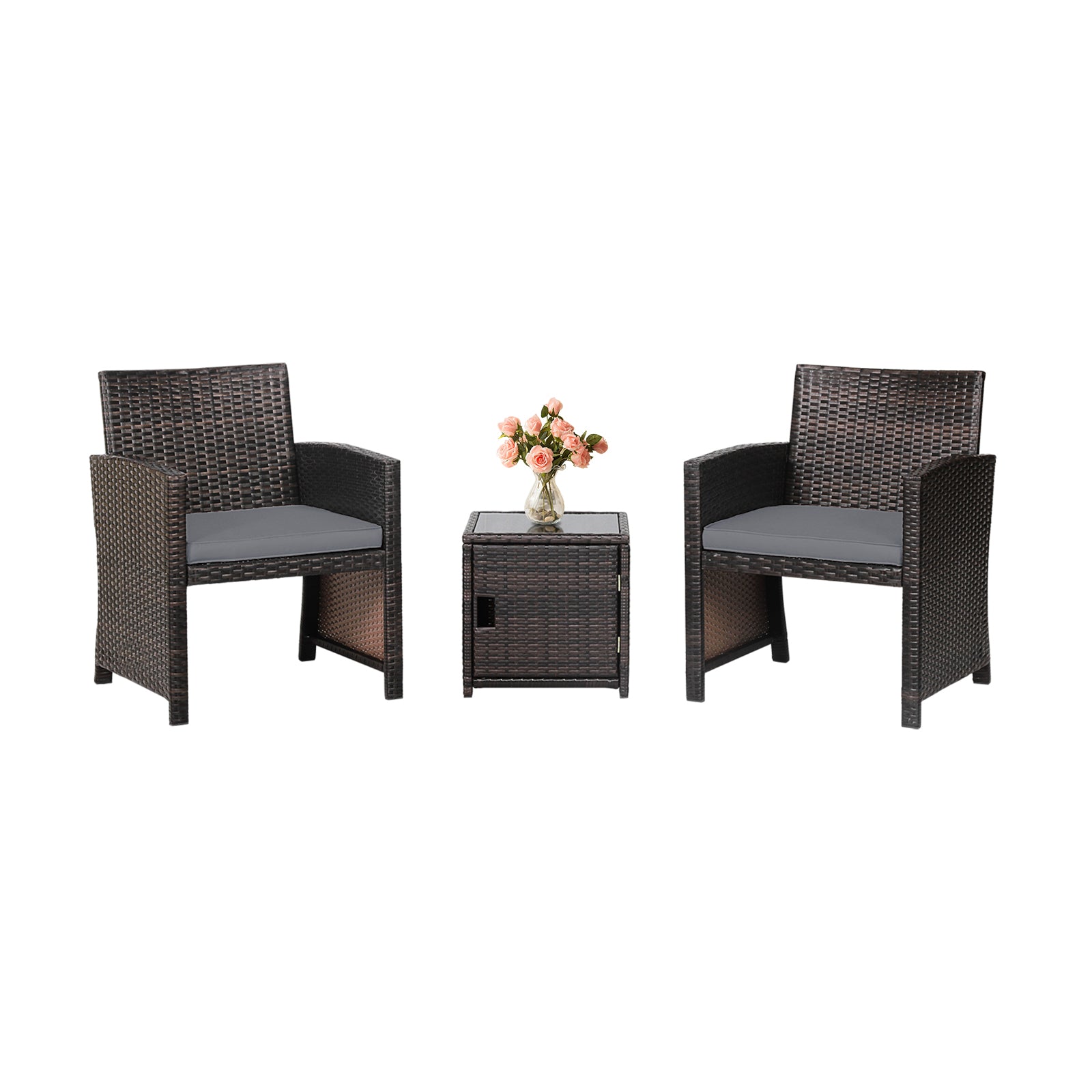 3 Pieces Patio Wicker Furniture Set with Storage Table and Protective Cover-Off White - Gray