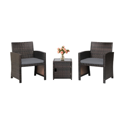 3 Pieces Patio Wicker Furniture Set with Storage Table and Protective Cover-Off White - Gray