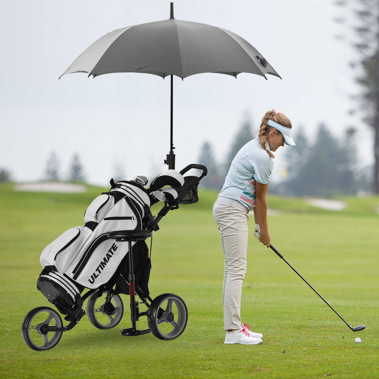 3 Wheels Folding Golf Push Cart with Seat Scoreboard and Adjustable Handle