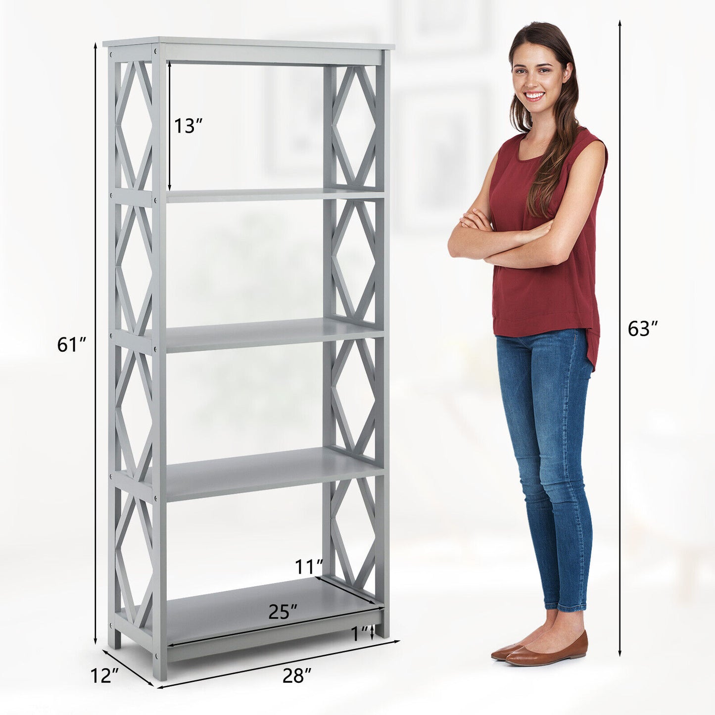 5-Tier Modern Freestanding Bookcase with Open Shelves-Gray
