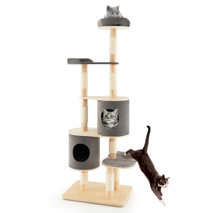 6-Tier Wooden Cat Tree with 2 Removeable Condos Platforms and Perch-Gray - Gray