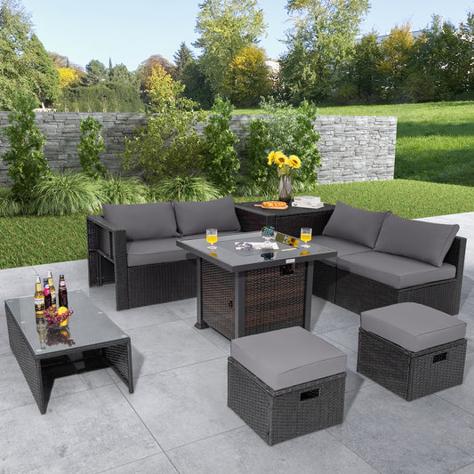 9 Pieces Patio Furniture Set with 32‚Äù Fire Pit Table and 50000 BTU Square Propane Fire Pit-Gray