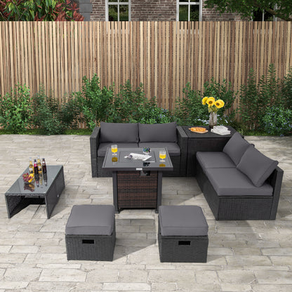 9 Pieces Patio Furniture Set with 32‚Äù Fire Pit Table and 50000 BTU Square Propane Fire Pit-Gray