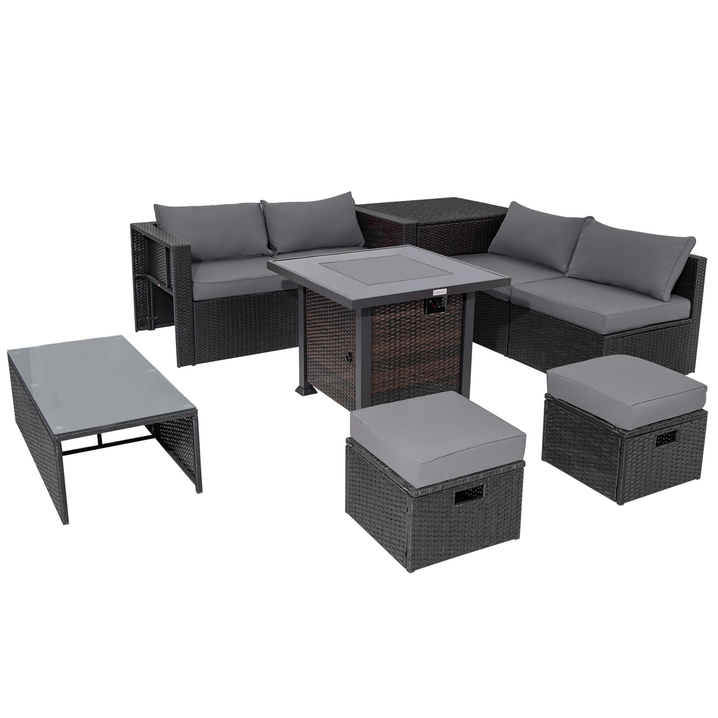 9 Pieces Patio Furniture Set with 32‚Äù Fire Pit Table and 50000 BTU Square Propane Fire Pit-Gray
