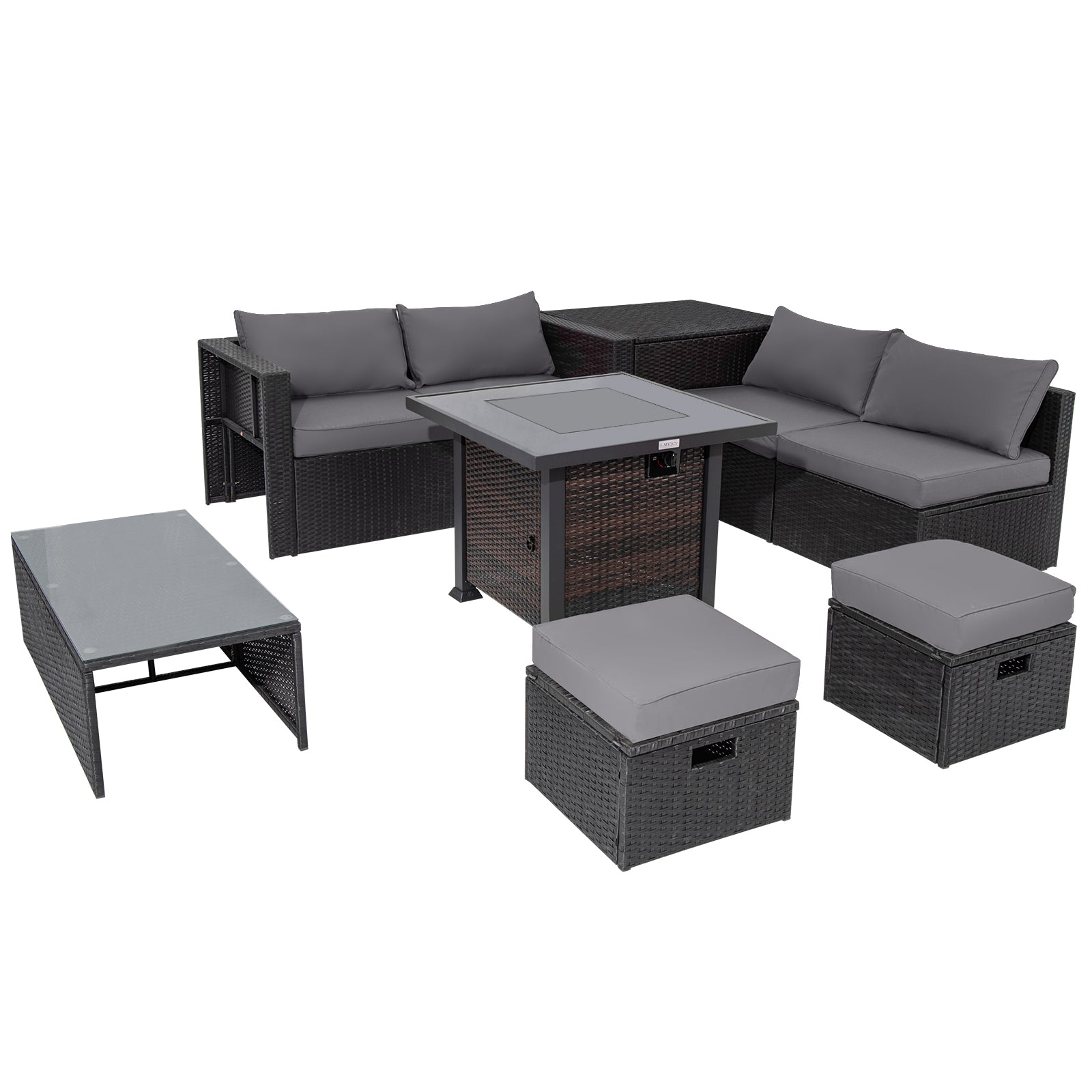 9 Pieces Patio Furniture Set with 32‚Äù Fire Pit Table and 50000 BTU Square Propane Fire Pit-Gray