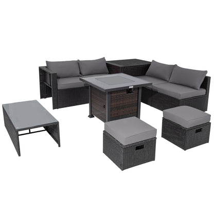 9 Pieces Patio Furniture Set with 32‚Äù Fire Pit Table and 50000 BTU Square Propane Fire Pit-Gray