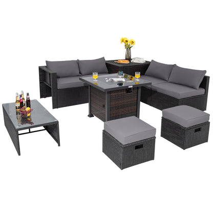 9 Pieces Patio Furniture Set with 32‚Äù Fire Pit Table and 50000 BTU Square Propane Fire Pit-Gray