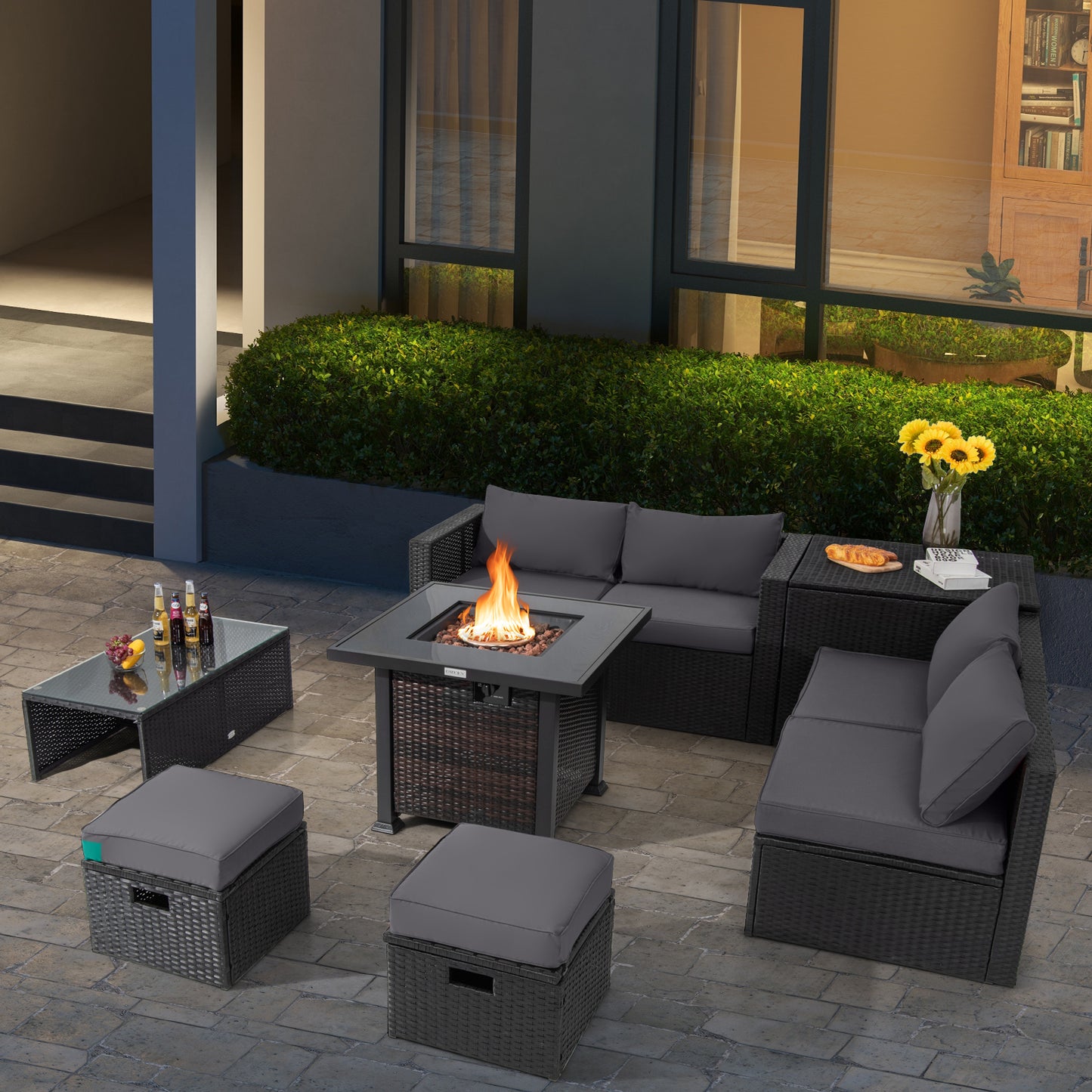 9 Pieces Patio Furniture Set with 32‚Äù Fire Pit Table and 50000 BTU Square Propane Fire Pit-Gray
