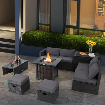 9 Pieces Patio Furniture Set with 32‚Äù Fire Pit Table and 50000 BTU Square Propane Fire Pit-Gray