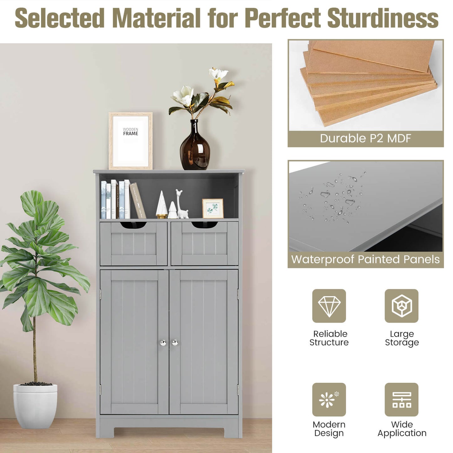Bathroom Wooden Side Cabinet with 2 Drawers and 2 Doors