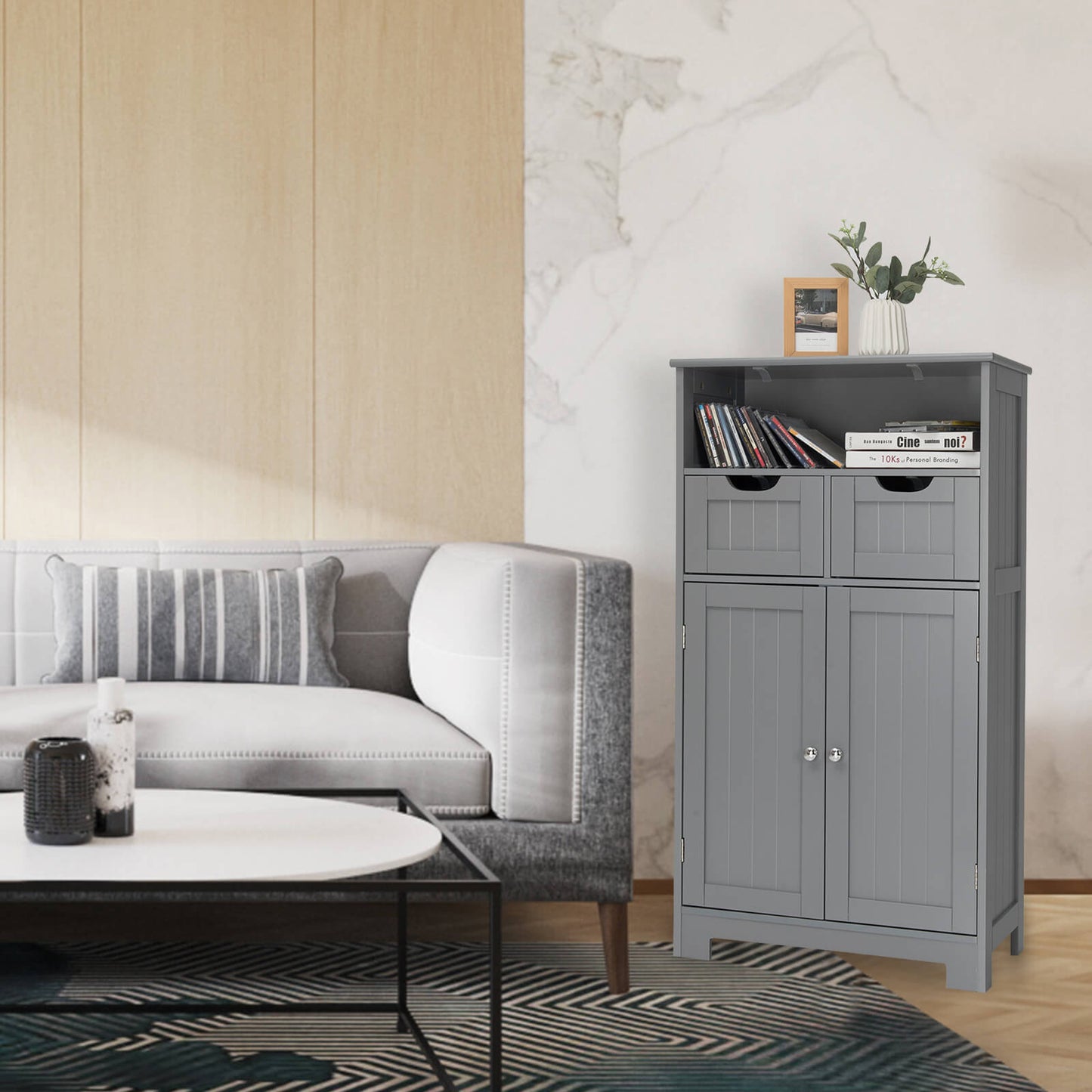 Bathroom Wooden Side Cabinet with 2 Drawers and 2 Doors