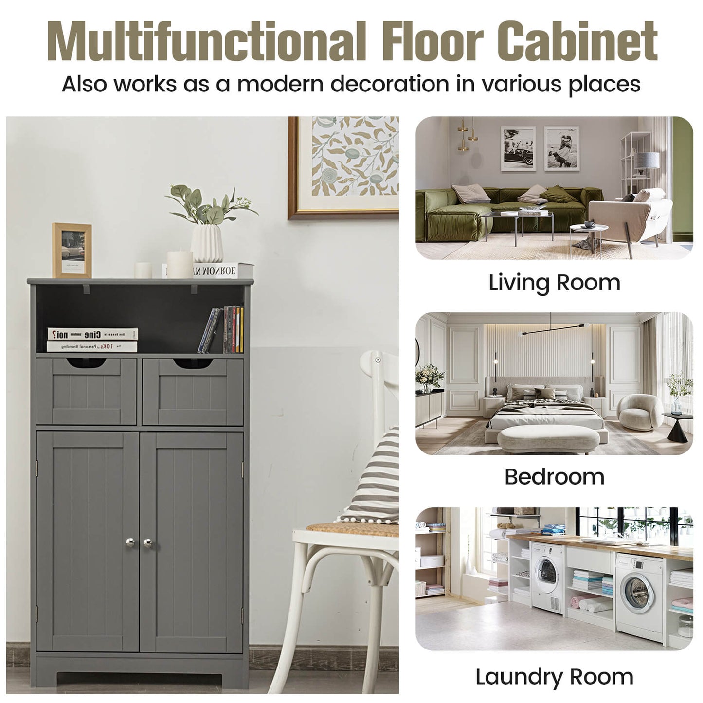 Bathroom Wooden Side Cabinet with 2 Drawers and 2 Doors