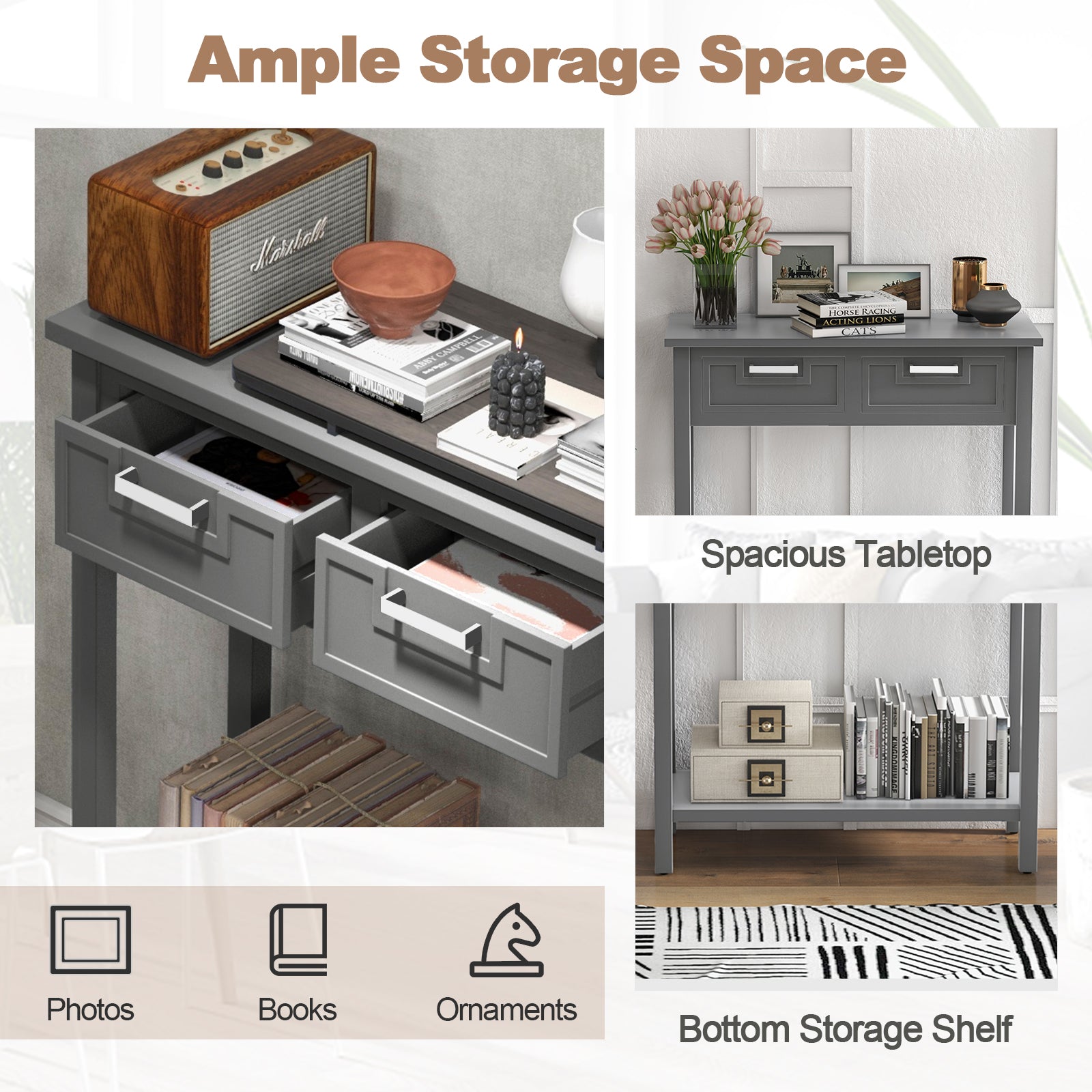Narrow Console Table with Drawers and Open Storage Shelf-Gray