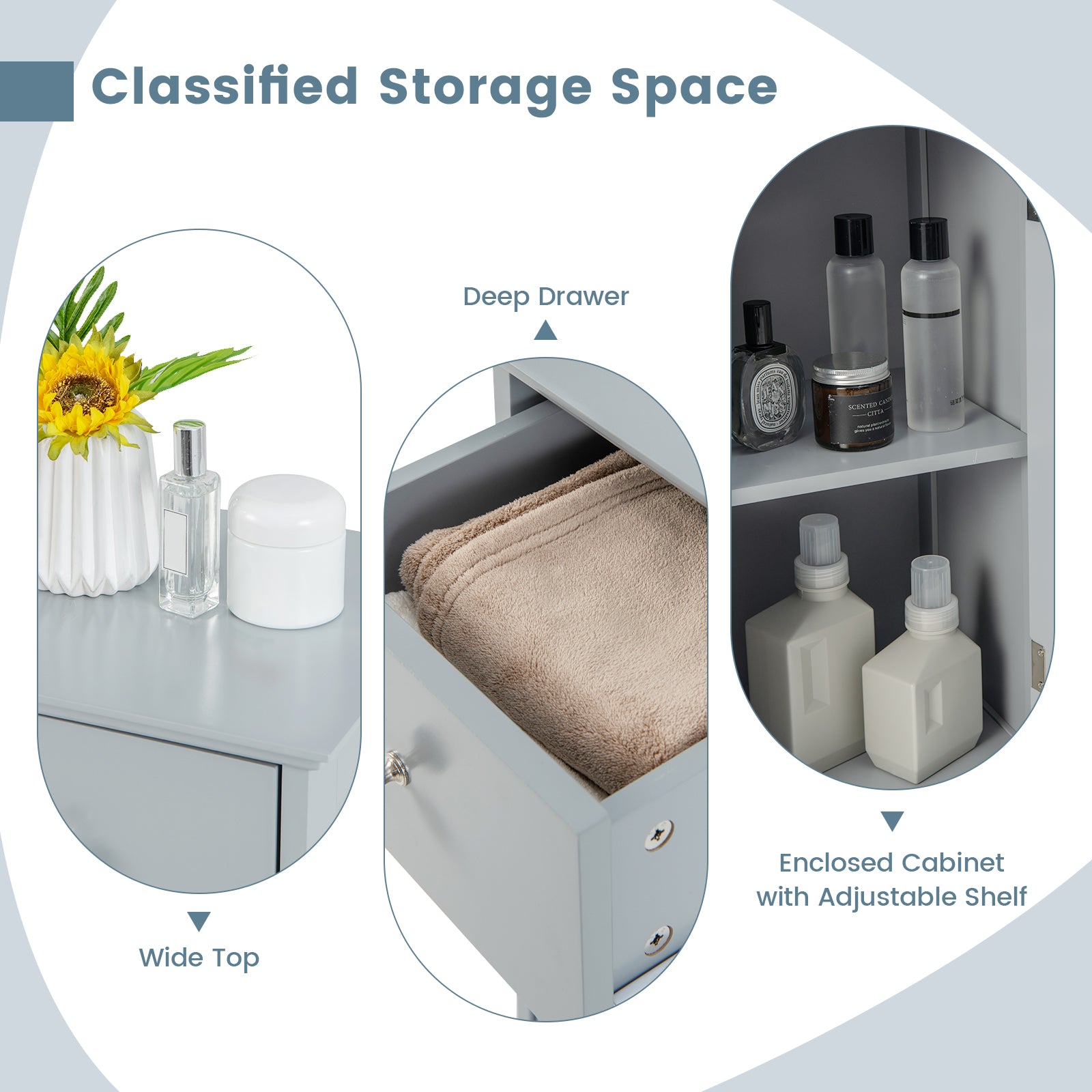 Woodern Bathroom Floor Storage Cabinet with Drawer and Shutter Door-Gray
