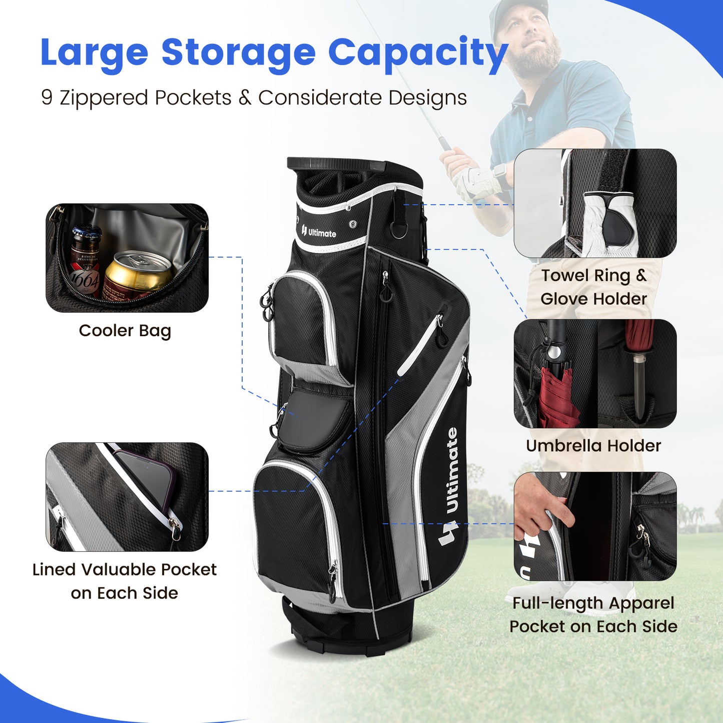 Golf Cart Bag with 14 Way Top Dividers