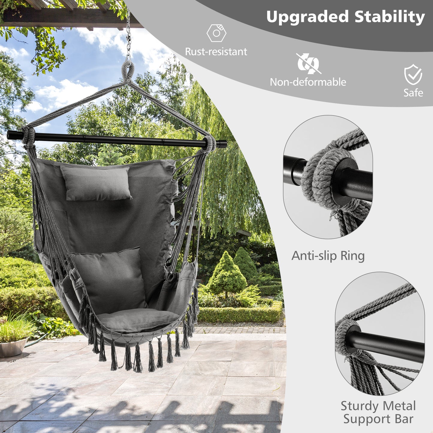 Hanging Rope Swing Chair with Soft Pillow and Cushions-Beige - Gray
