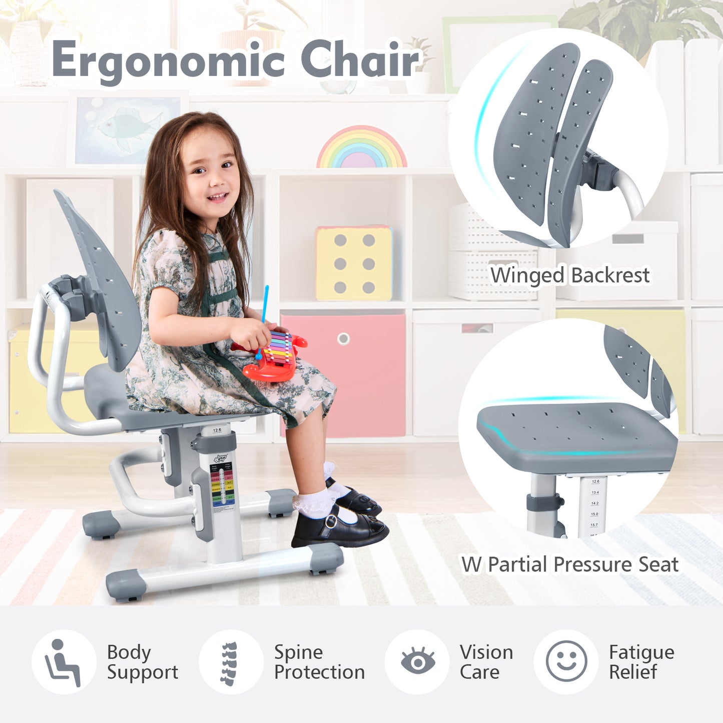 Height Adjustable Kids Study Desk and Chair Set-Gray