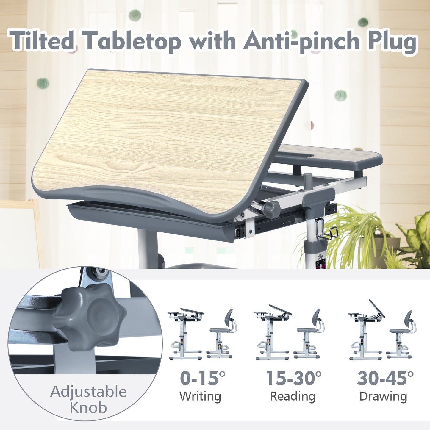 Height Adjustable Kids Study Desk and Chair Set-Gray
