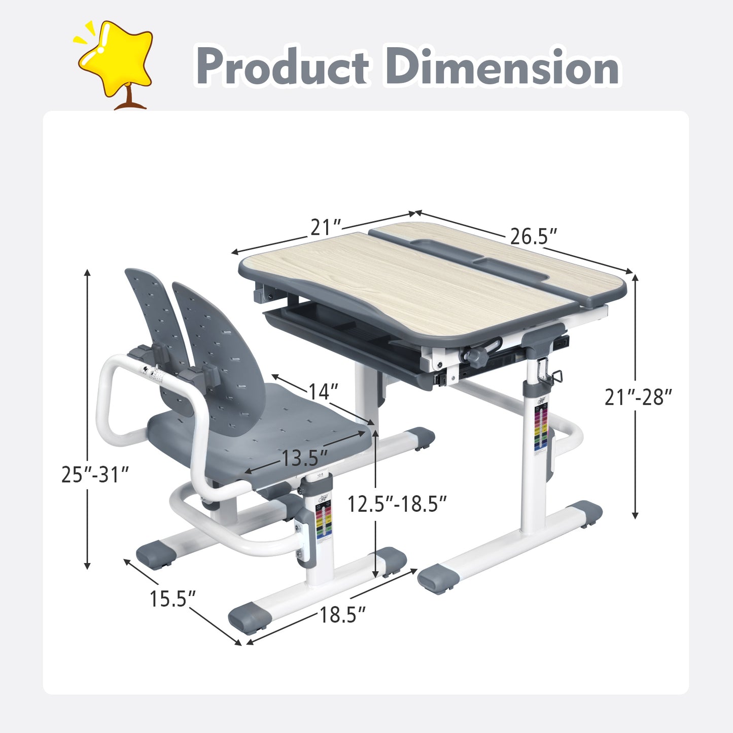 Height Adjustable Kids Study Desk and Chair Set-Gray