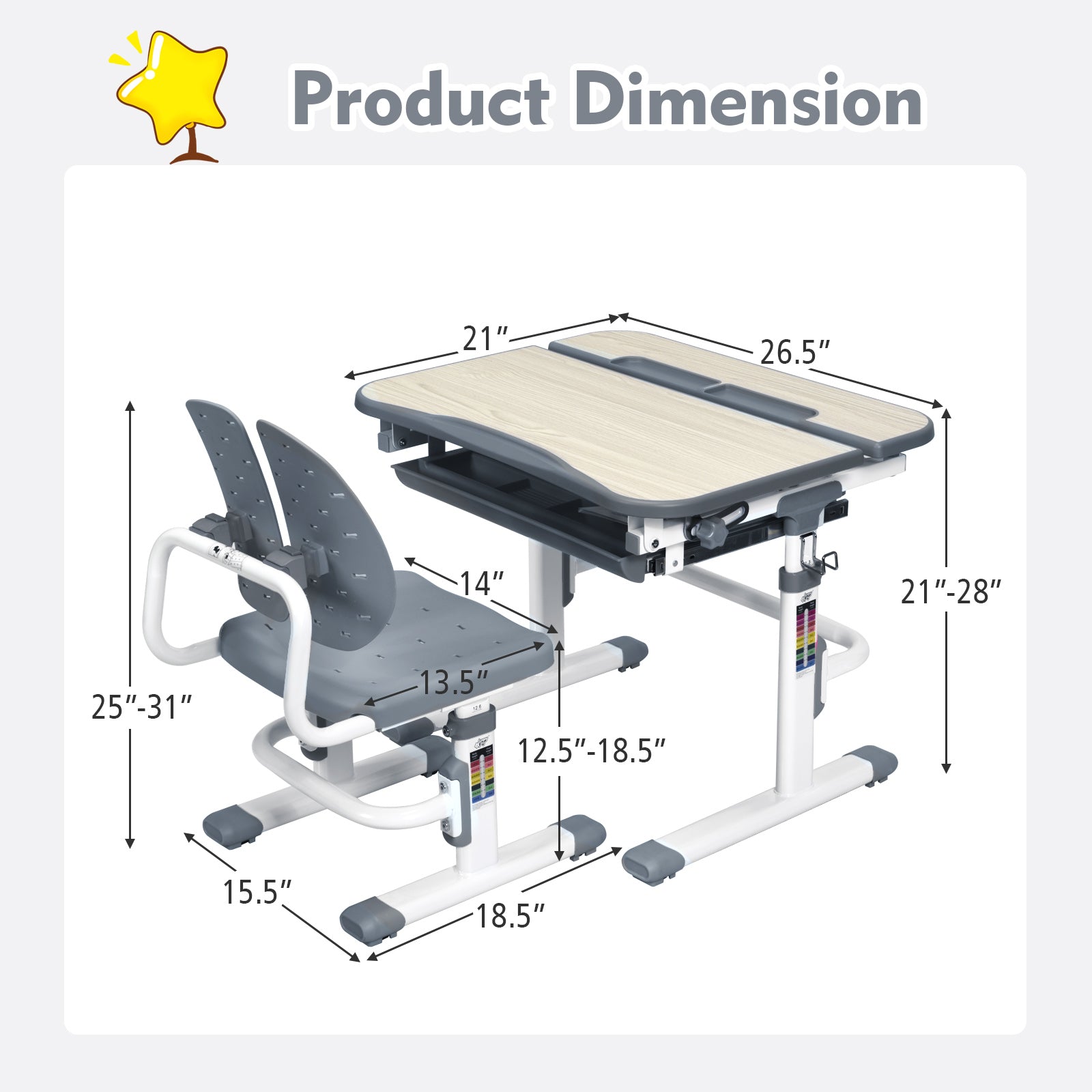 Height Adjustable Kids Study Desk and Chair Set-Gray