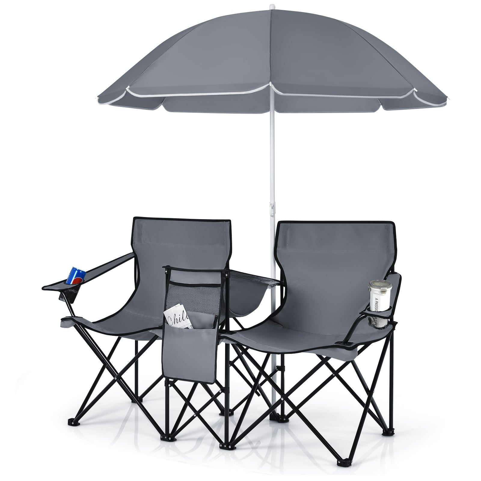 Portable Folding Picnic Double Chair With Removable Umbrella-Green - Gray