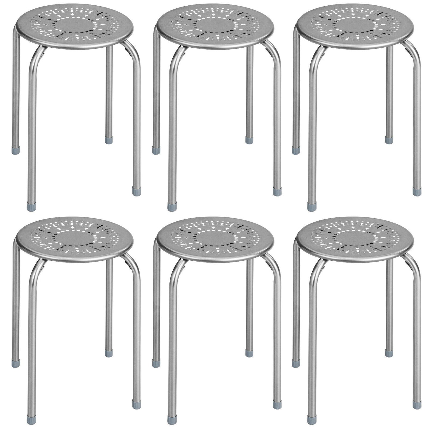 6-Pack Stackable Multifunctional Daisy Design Backless Round Metal Stool Set-Grey - Grey