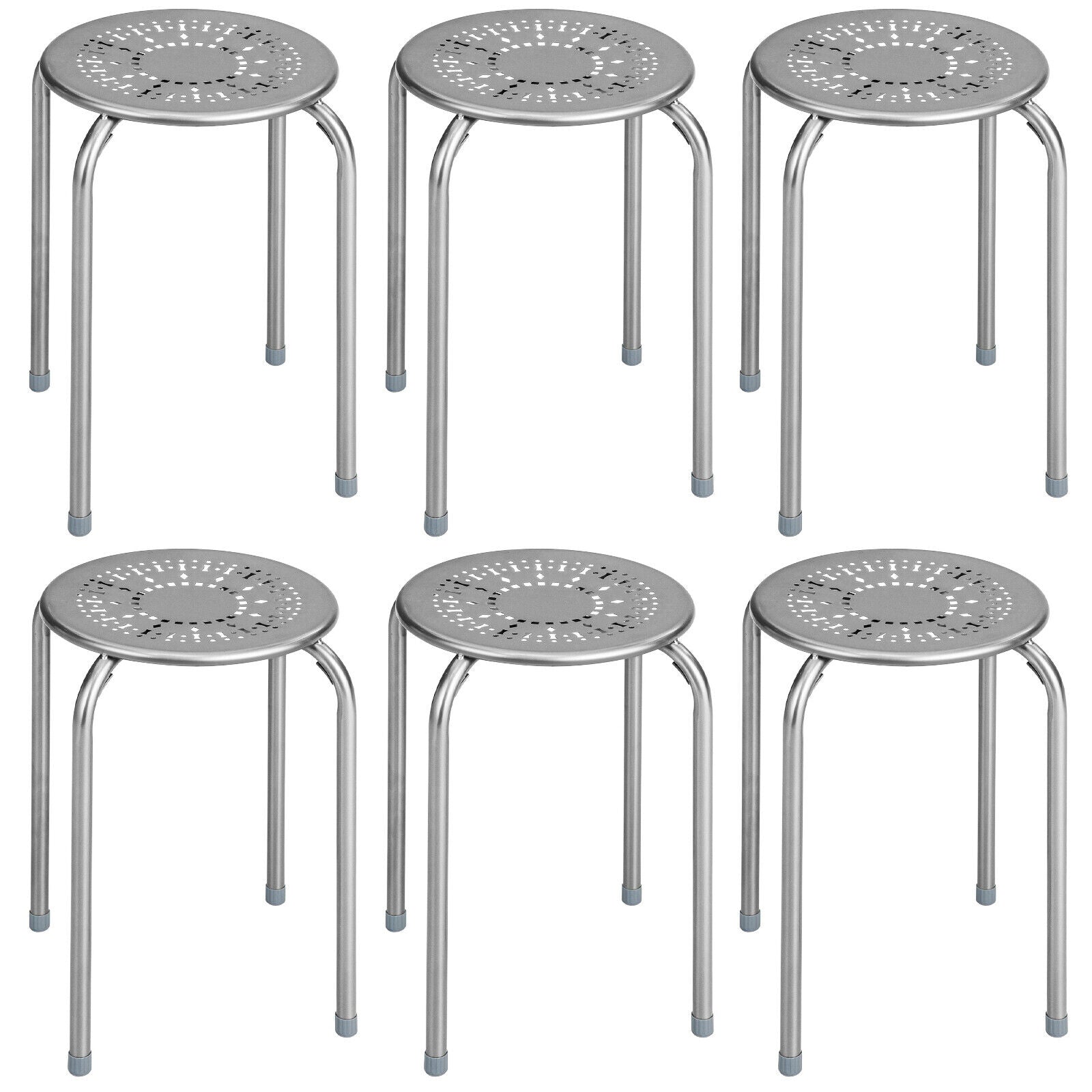 6-Pack Stackable Multifunctional Daisy Design Backless Round Metal Stool Set-Grey - Grey