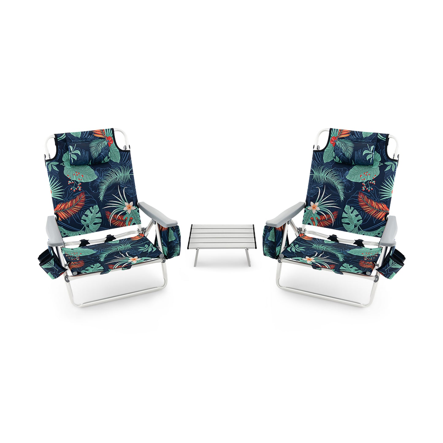 2 Packs 5-Position Outdoor Folding Backpack Beach Table Chair Reclining Chair Set-Green - Green