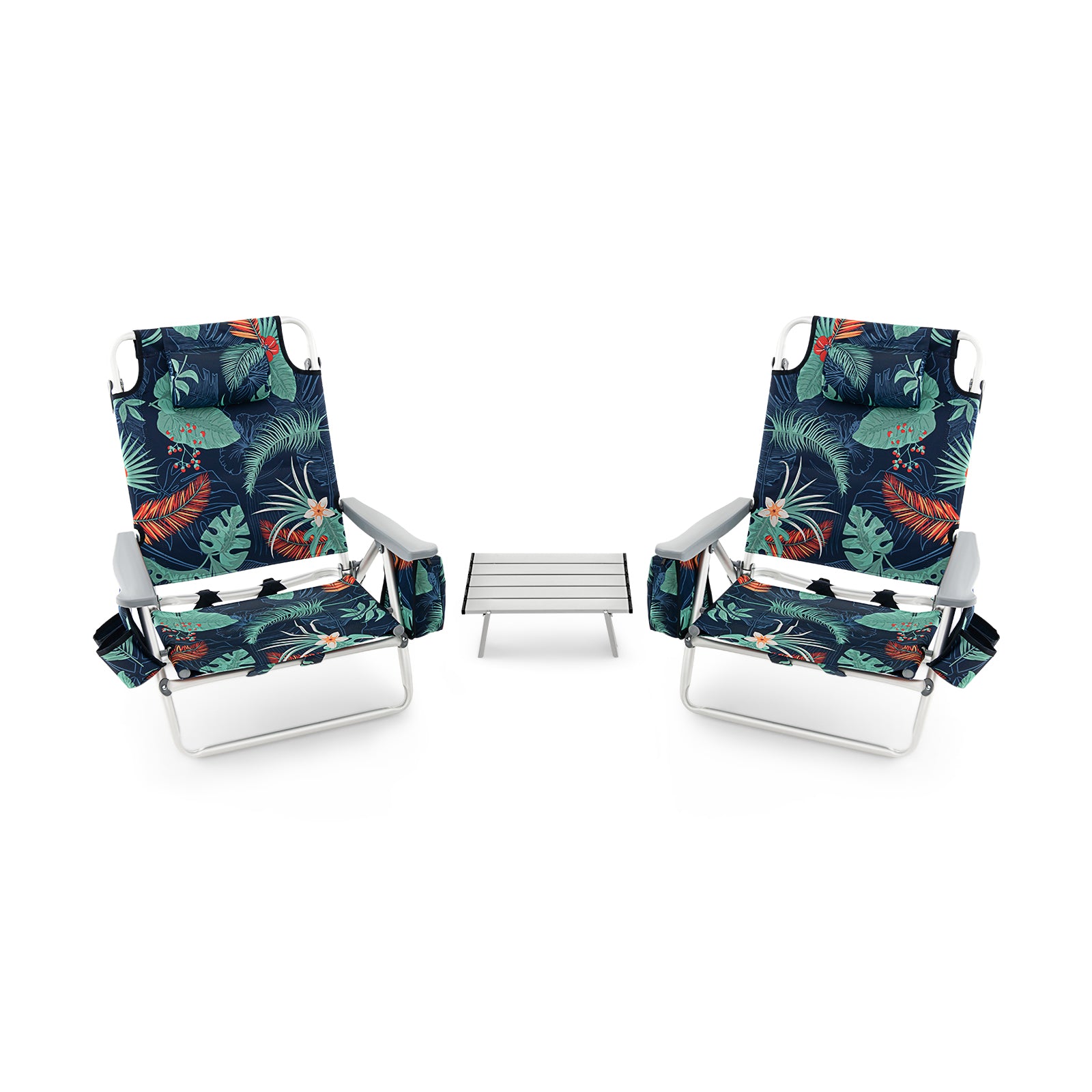2 Packs 5-Position Outdoor Folding Backpack Beach Table Chair Reclining Chair Set-Green - Green