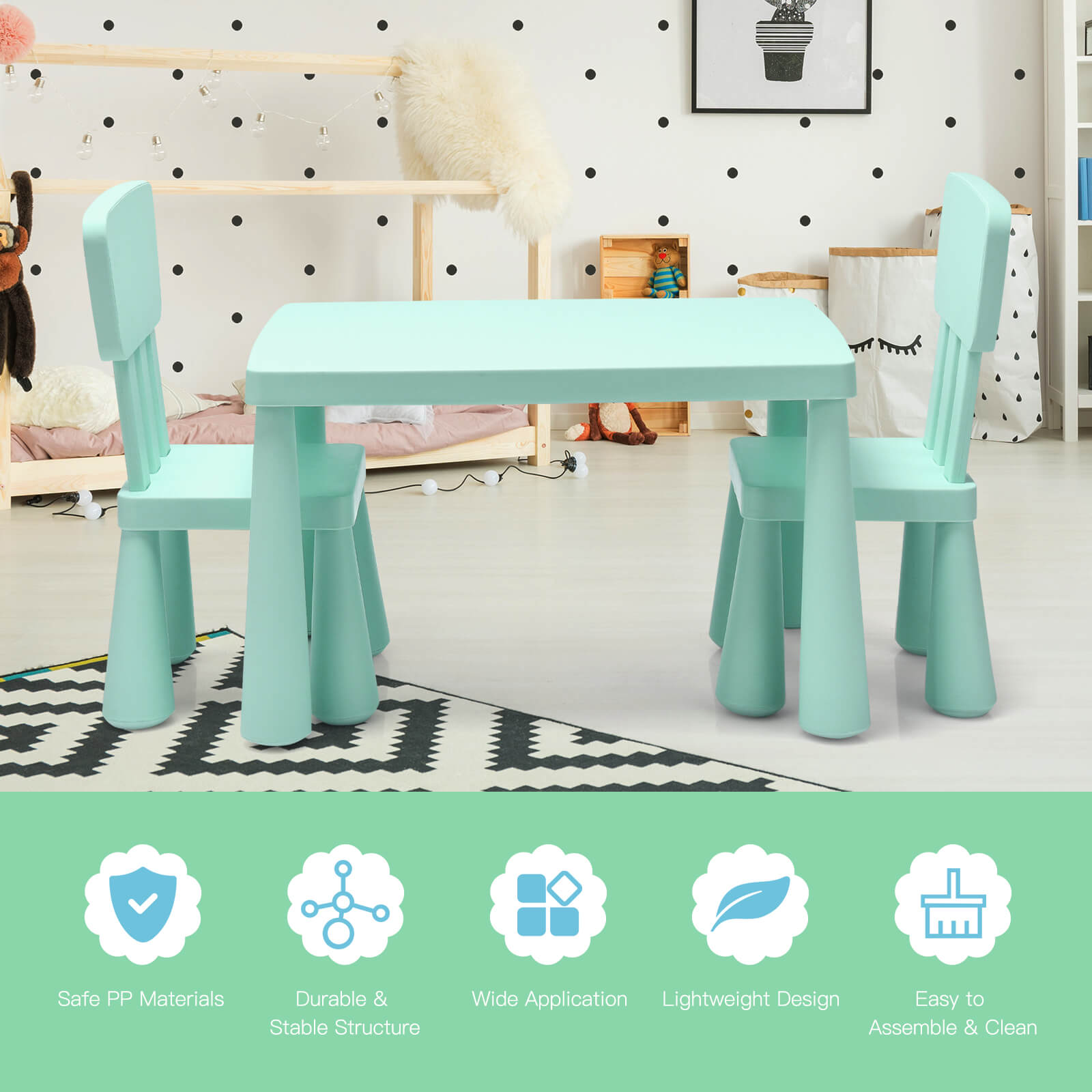 3 Pieces Toddler Multi Activity Play Dining Study Kids Table and Chair Set-Green - Green