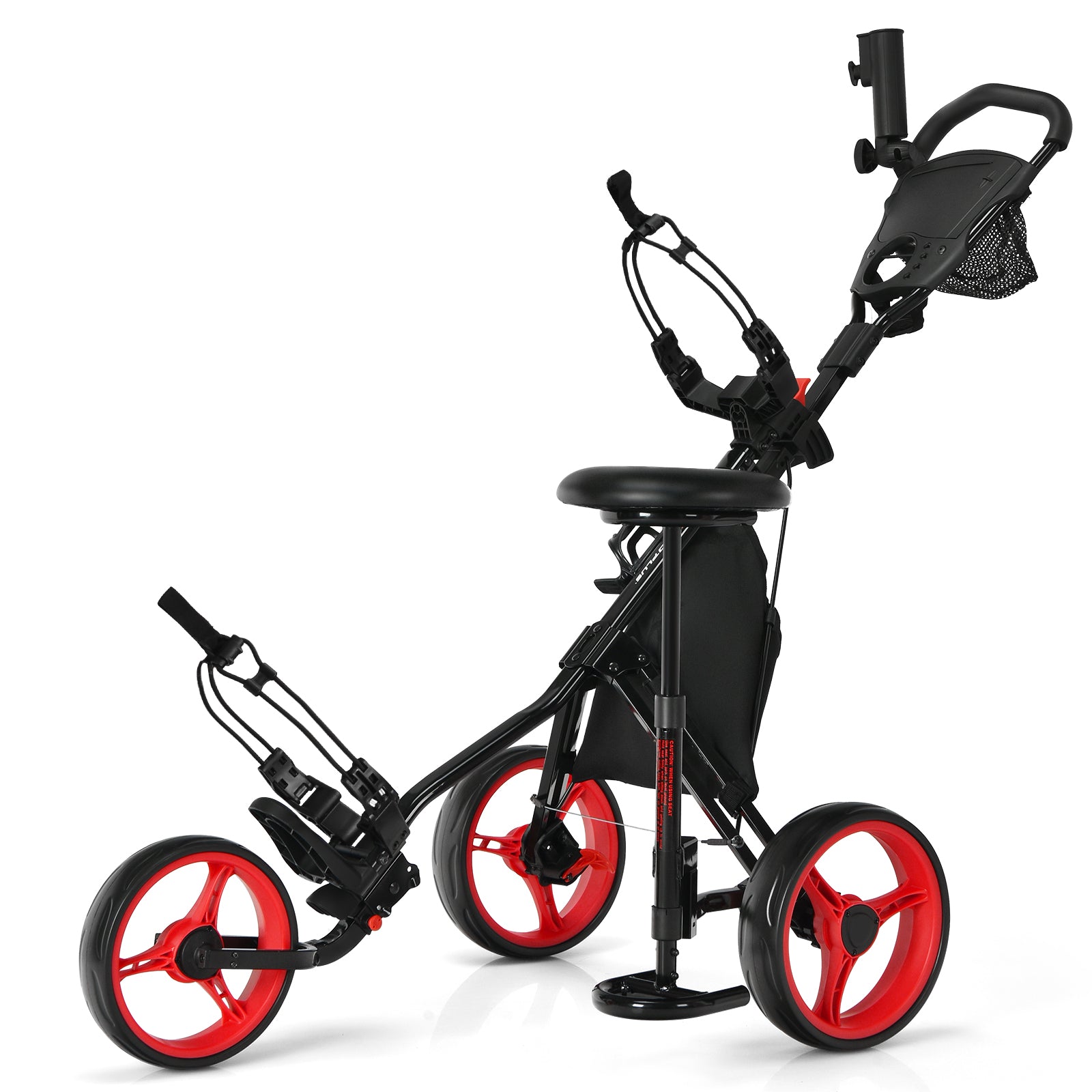 3 Wheels Folding Golf Push Cart with Seat Scoreboard and Adjustable Handle-Green - Red