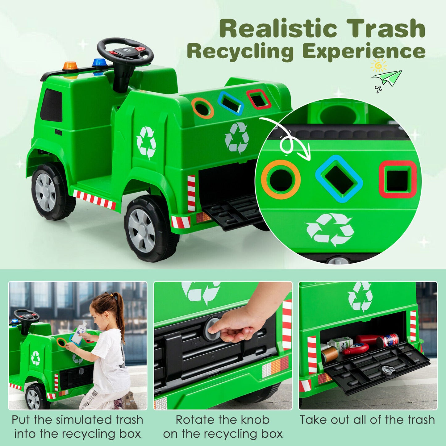 12V Kids Ride-on Garbage Truck with Warning Lights and 6 Recycling Accessories-Green - Green