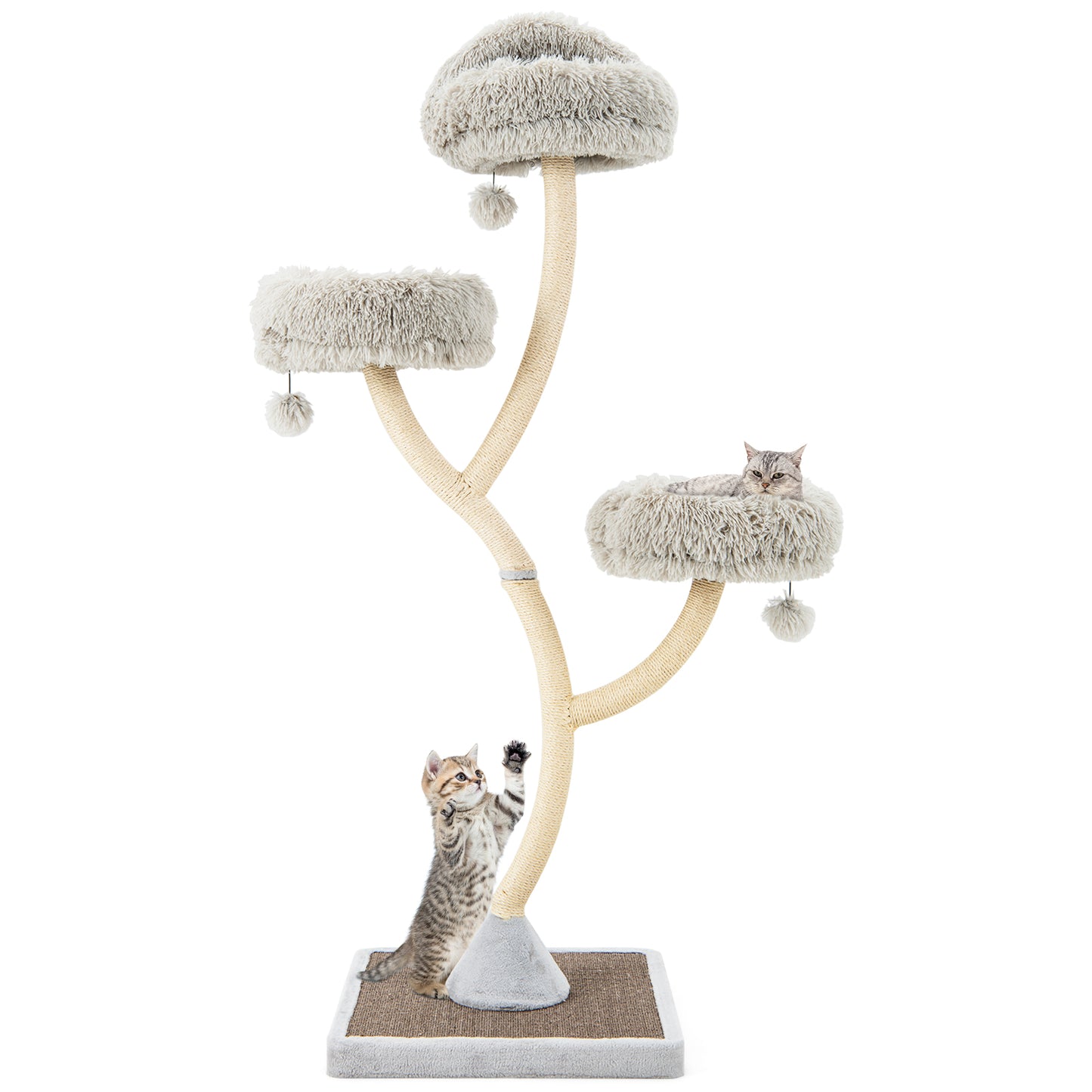 70 Inch Tall Cat Tree 4-Layer Cat Tower with 3 Perches and Dangling Balls-Beige - Gray