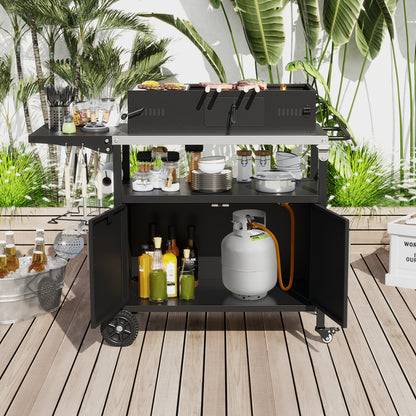 Outdoor Grill Cart with Storage and Folding Stainless Steel Top-Black