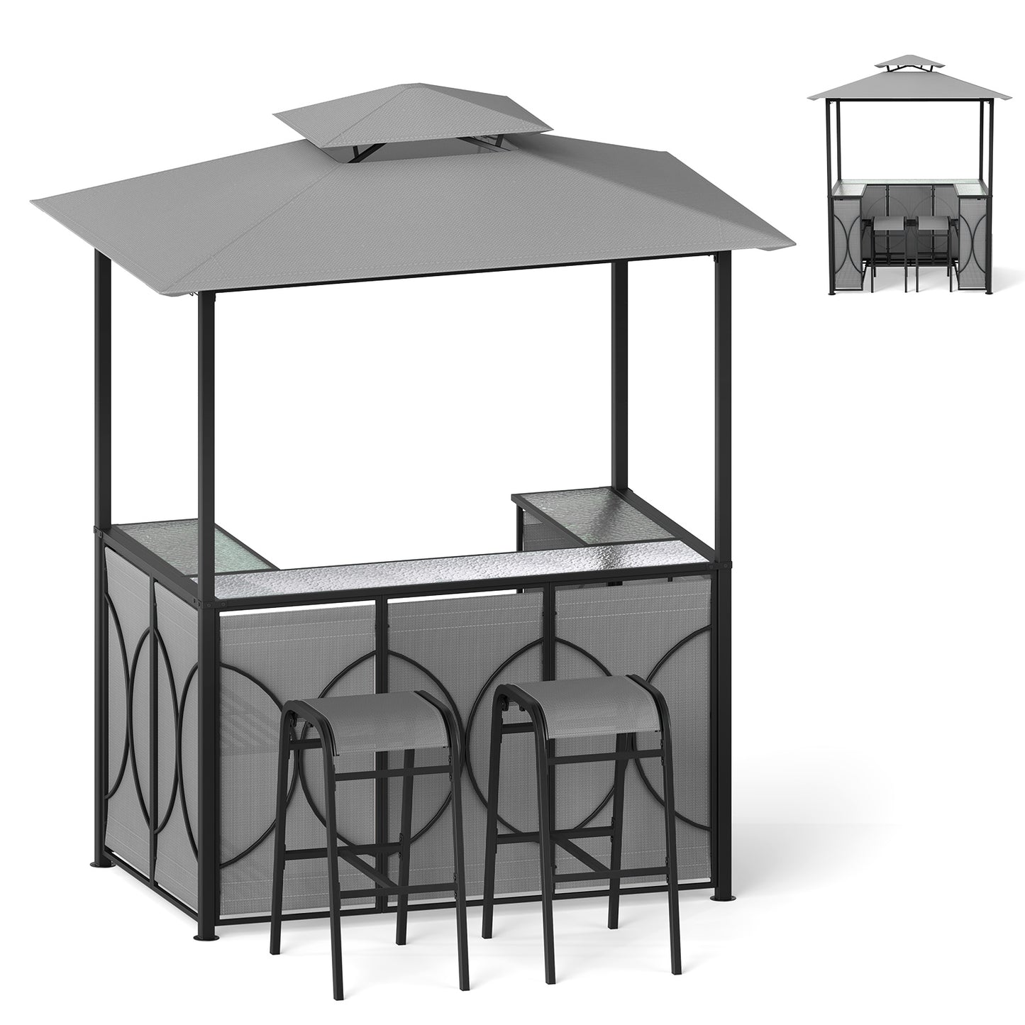 6.5 x 4 x 8 FT Grill Gazebo Set with 2 Bar Stools and Bar Table-Brown - Gray