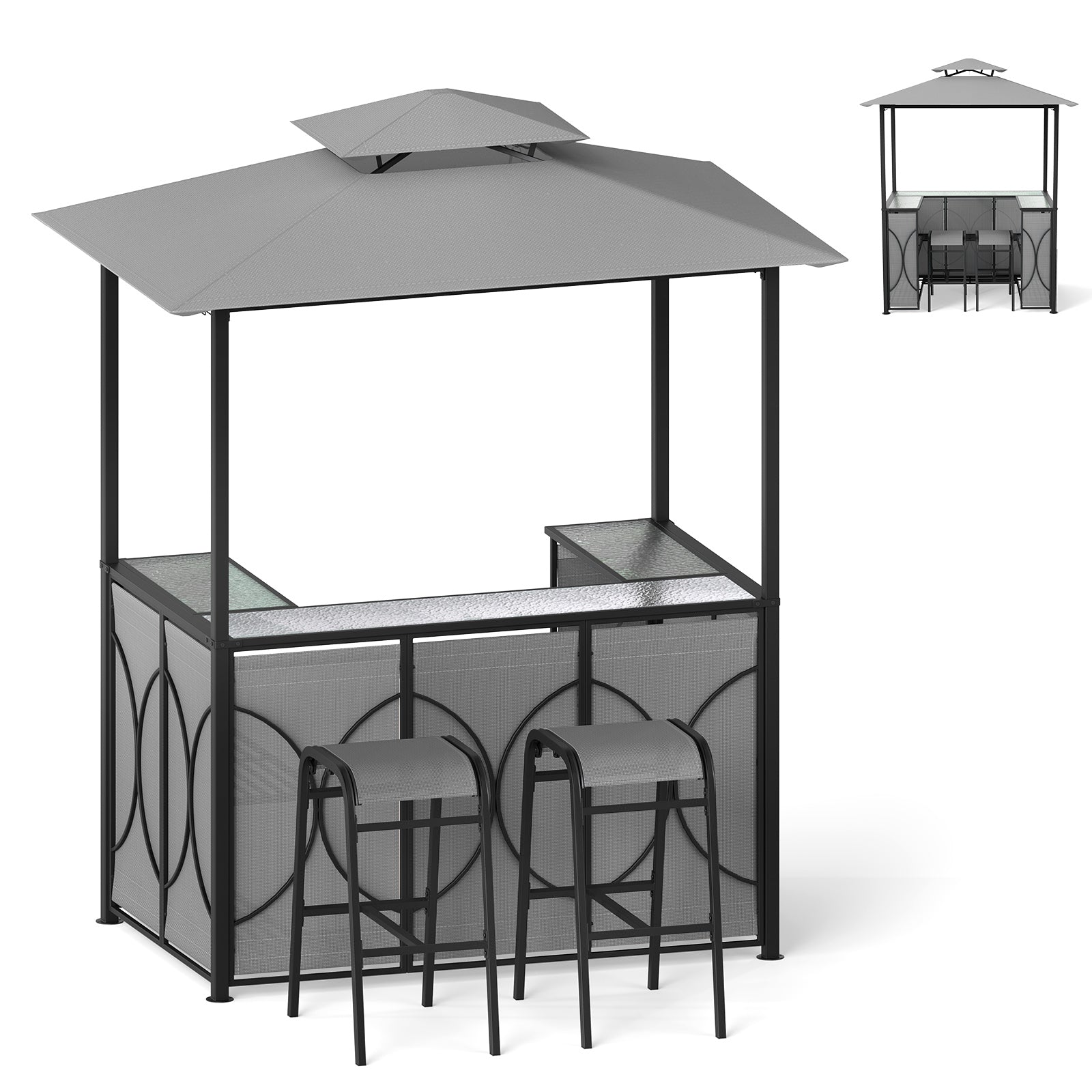 6.5 x 4 x 8 FT Grill Gazebo Set with 2 Bar Stools and Bar Table-Brown - Gray
