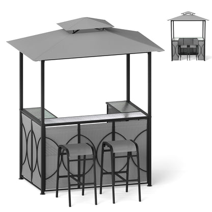 6.5 x 4 x 8 FT Grill Gazebo Set with 2 Bar Stools and Bar Table-Brown - Gray