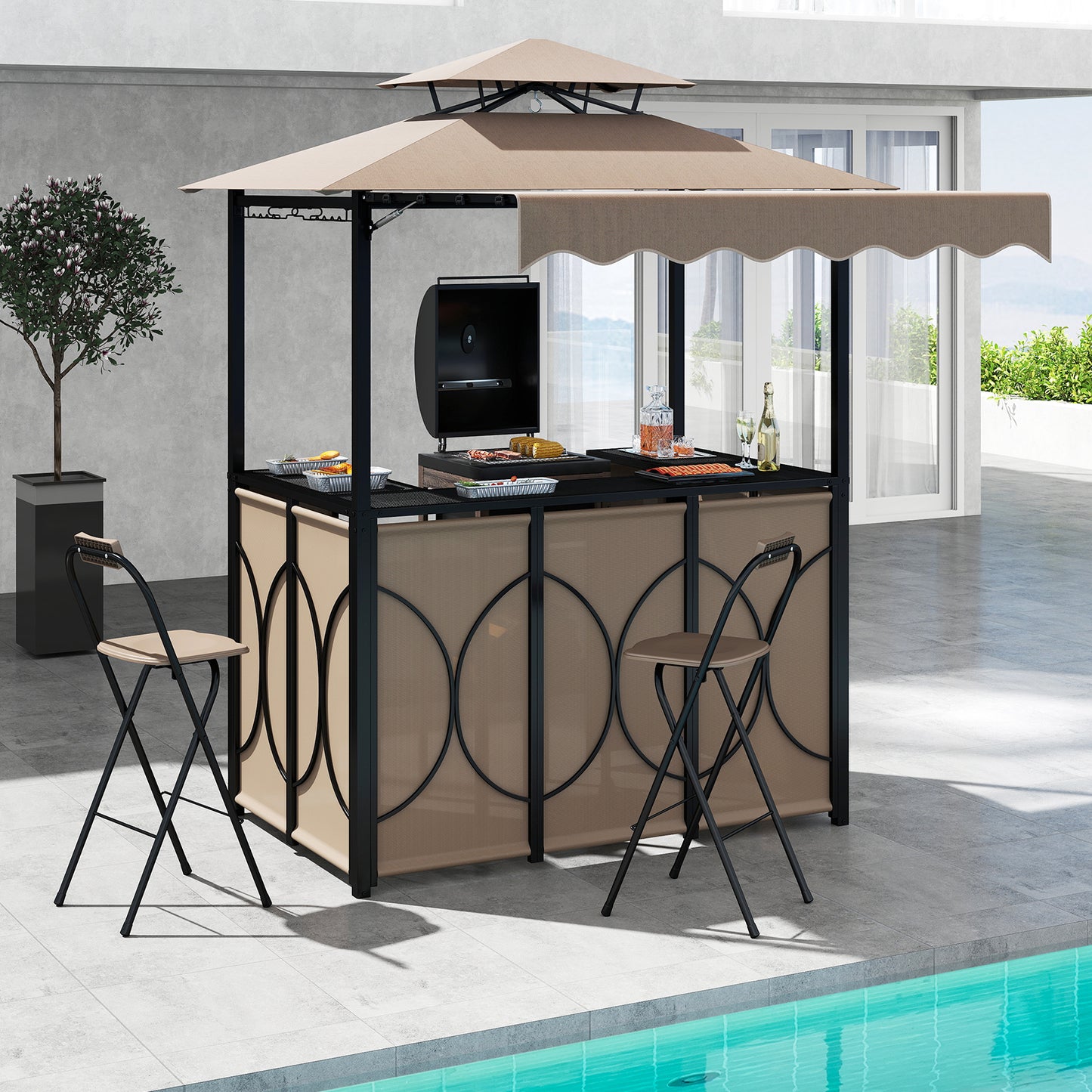 Grill Gazebo with Awning 3-Piece Outdoor BBQ Canopy Double-Tier Soft Top Barbecue Shelter-Coffee
