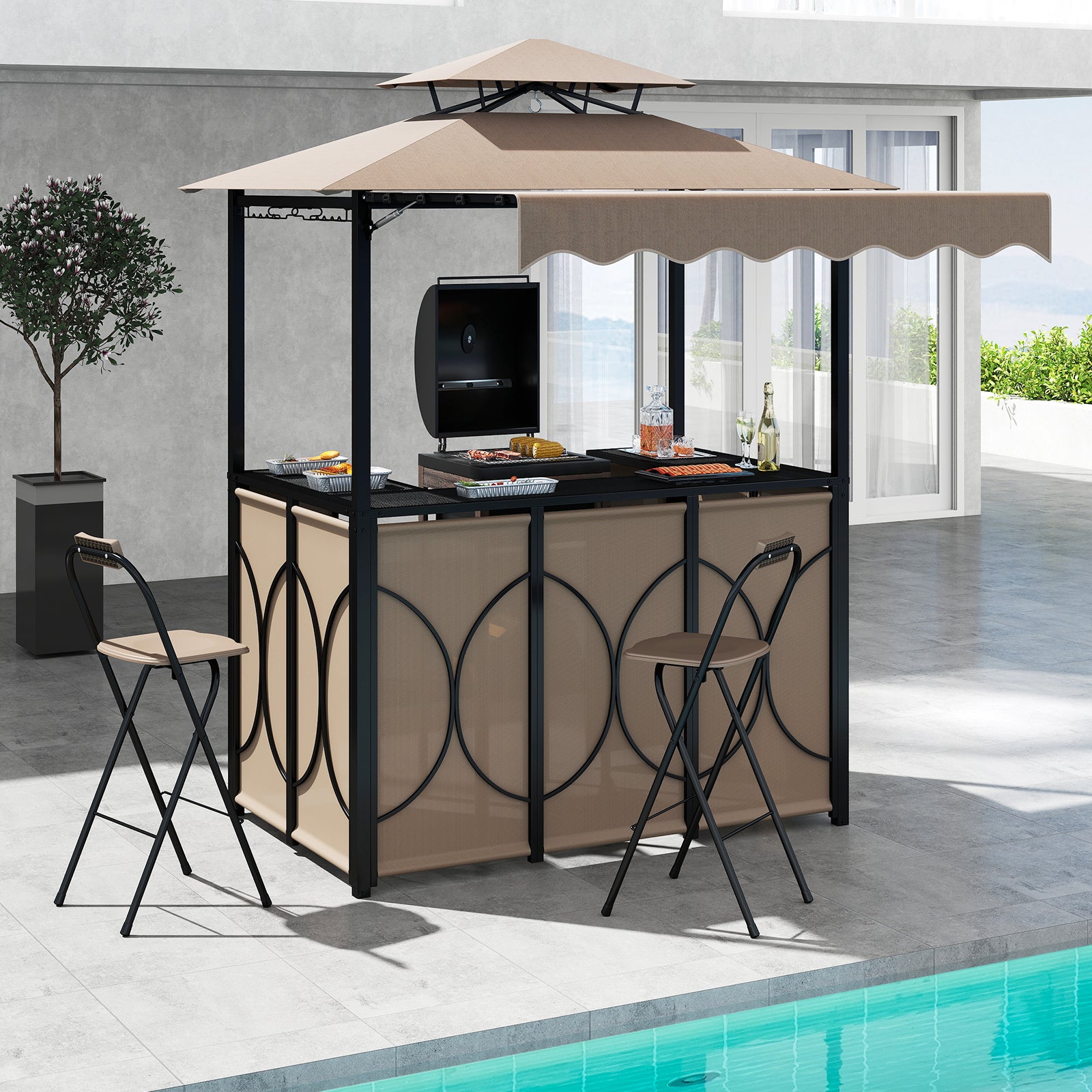 Grill Gazebo with Awning 3-Piece Outdoor BBQ Canopy Double-Tier Soft Top Barbecue Shelter-Coffee