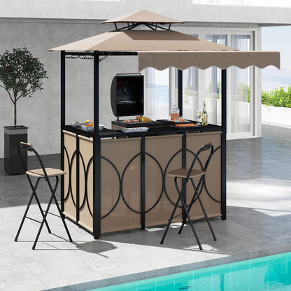 Grill Gazebo with Awning 3-Piece Outdoor BBQ Canopy Double-Tier Soft Top Barbecue Shelter-Coffee